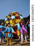 Small photo of Mumbai, Maharashtra, India- Asia, March, 2019 - Display fibre statue Pyramid trying to break dahi handi on Janmashtami, Gokulashtami Govinda Hindu Festival to celebrate Lord Krishna's birthday