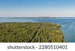 Small photo of Aerial view of Mackinac Island from Saint Ignace on a sunny summer day
