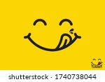 Yummy face smiley icon delicious with tongue lick mouth, tasty food eating emoticon face on yellow background, tasty emoji with saliva drops, smile vector cartoon line style