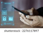 Small photo of Mobile hacker and computer cyber security, online data breach or identity theft. hacked phone Hacker and mobile phone with hologram data Mobile scams, fraud or crime cyber security breach