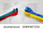 Flags of Ukraine and Russia Flag on hands punch to each others on light gray world map background, Ukraine vs Russia in world war crisis concept