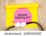 Small photo of INFANT MORTALITY inscription with stethoscope. Infant mortality medical concept.