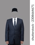Small photo of Male black office shirt alma mater mockup with black tie white shirt, black cap clipping isolated on gray. selective focus