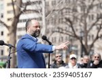 Small photo of Washington, DC – March 21, 2023: Sierra Club President Ben Jealous speaks at a rally preceding a march on banks that have invested in fossil fuel companies that contribute to global warming.