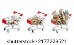 Small photo of Europe: Three supermarket carts carrying increasing amounts of euro cash (coins and banknotes) on a white background. Concepts of rising prices, purchasing power and growing inflation in the euro zone