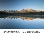 Herbert Lake with morning atmosphere, reflection of the Bow Range, Banff National Park, Canadian Rocky Mountains, Alberta, Canada