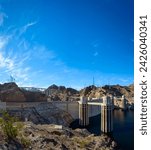 Small photo of Hoover dam, Hoover Dam, dam, near Las Vegas, the water level has dropped approx. 30 m, Lake Mead, Boulder City, formerly Junction City, border Arizona, Nevada, USA