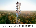 Small photo of Mobile Tower installation. Cell site and Telecom Base Station. 5G internet online generation. Health Hazards Caused By Mobile Tower Radiation. Telecommunications and Wireless network. Wifi antenna.