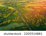 Highway through forest with pine trees, aerial view. Road with forest trees and car. Forest road for transpotrs. Aerial above view of freeway. Asphalt road in forests on sunset, top view.