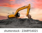 Small photo of Excavator on earthmoving in open pit mining. Backhoe dig sand and gravel in quarry. Heavy construction equipment on excavation works on construction site. Excavator on building groundwork foundation