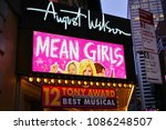 Small photo of NEW YORK CITY -5 MAY 2018- Night view of the August Wilson Theater showing Tina Fey's Mean Girls musical on Broadway in Manhattan. Mean Girls received 12 Tony Award nominations.