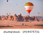 Hot Air Balloon Festival over Mada'in Saleh (Hegra) ancient site, Al Ula, Saudi Arabia. was taken in 2020 Mar 18