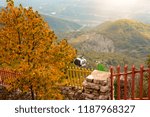 Small photo of Albania, view from Mount Dight Autumn landscape, mountains, cable car and lift cabin