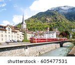 Chur, Switzerland: Panorama of the old town by train of the Rhaetian Railway in the foreground