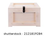 Small photo of Big closed wooden chest with lock and space for the text or advertisement separated od the white background.