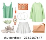 Spring summer female clothes set isolated on white. Green orange colors women clothing. Fashion light apparel collection. Collage of girl's wear.