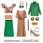 Small photo of Fashion green brown women's clothing isolated. Girl's outfit. Trendy female clothes and accessories. Designer apparel, beautiful collection.