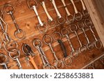 Small photo of Large Selection of Metal and Rubber Horse Bits Nicely Organized on Hooks on the Tack Room Wall in Sport Barn. Equestrian Equipment Theme.