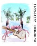 Small photo of Come Mr Tallyman tally he banana. This comical collage features a crab character playing a song on an acoustic guitar. Palm trees sway in the background.