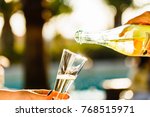 Waiter is pourring sparkling wine into a woman glass at the outdoor party.  Celebration concept. Event, party, wedding background. Toned image. Horizontal