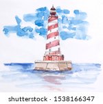 Watercolor Lighthouse In The Sea