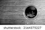 Small photo of silhouette of a man with a diatonic harmonica in his hand is reflected in the mirror on a gray blurred brick wall background, copy space, banner concept, backgrounds and textures
