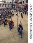 Small photo of Siena, Italy - August 17 2022: Knights representing the Abolished Contrade Quercia or Oak, Spadaforte, Vipera or Viper at the Corteo Storico Historical Costume Parade of the Palio di Siena