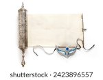 Small photo of The Scroll of Esther and Purim Festival objects (masquerade mask) on white background. Top view
