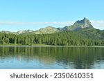 Small photo of Reflection of a high rock on the unsteady surface of a large lake in a coniferous forest on the shores on a sunny summer day. Lake Svetloe, Ergaki Nature Park, Krasnoyarsk Territory, Siberia, Russia.