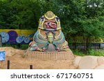 Small photo of SOKOLNIKI, MOSCOW, RUSSIA - August 2, 2015: "From time immemorial". Russian exhibition of sand sculptures. The composition of "Egypt". Author Eugene Gomanom.
