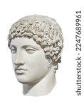 Small photo of Head of Hermes, herald of gods, the protector of human heralds, travellers, thieves, merchants, and orators. Marble bust, roman period. Ancient Side, Turkey. Isolated, white background