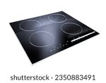 Small photo of Grey countertop with black glossy built in ceramic glass induction or electric hob stove cooker with four burners isolated on white background.