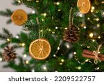 Decorated Christmas tree closeup. DIY dried oranges, cones and cinnamon sticks. eco friendly Christmas tree ornaments