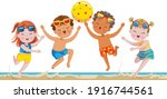 kids playing water volleyball... | Shutterstock .eps vector #1916744561