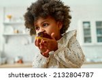 An African American little baby with curly fluffy hair in a dress eats a chocolate muffin with appetite in the kitchen at home.