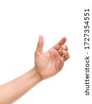 Small photo of a hand holding something like a bottle or smartphone on white backgrounds, isolated