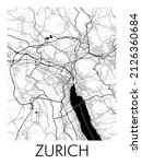 Zurich city map poster. Switzerland map in a minimalist style. The image focuses on the streets of the city and other land-based features, including water, railroads, roads, etc.