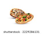 Two Tasty Hot Pizza Set Fall from Sky, Front View in white background