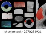 Small photo of collection of blank old sticker, label, price tag template for mockup. isolated dirty, ripped, half peeled stickers
