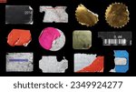 Small photo of collection of blank old sticker, label, price tag template for mockup. isolated dirty, ripped, half peeled stickers