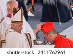 Small photo of Vatican City, Vatican, September 30, 2023 - Pope Francis puts the red biretta on the head of new cardinal Victor Manuel Fernandez during a consistory in St. Peter Square.