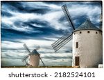Small photo of Typical windmill in Campo de Criptana, Spain, on Don Quixote Route, based on a literary character, it refers to the route followed by the protagonist of the novel Don Quixote de la Mancha by Cervantes