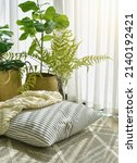 Small photo of Pillow and soft blanket in relaxing space, Comfort living room with warm and cozy natural light, Artificial plant, Indoor tropical houseplant for home interior and air purification.