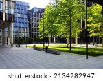 Inner courtyard of a modern office. Landscaping of office street space. Employee care concept. office building green space