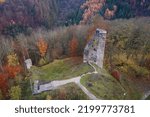 Small photo of Castle ruins Waldenburg the oldest profane cultural monument with the surrounding landscape from a bird's eye view