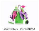 Small photo of Household Cleaner tools and sundry items Spring cleaning kitchen, bathroom and other rooms. on white. Cleaning and janitorial service concept. Green and vibrant violet