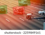 Ai tracking traffic automobile, Camera that controls speeding cars and speeding on the road. The camera reads the speed, Artificial intelligence that tracks traffic, a car that recognizes the speed