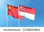 Small photo of Singapore flag and China flag with clipping path isolated on white background. Shut down that waving flag. symbol. Frame with empty space for your text
