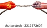 Small photo of The tug of war and repeated exposure of the Soviet and American flags. The tug of war is a metaphor for the cold war between two countries. Flag of the USSR (1922-1991). American flag (50 stars)