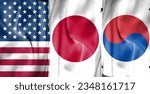 Small photo of Double exposure concept image of American flag combined with Japanese and South Korean flags and cloth texture. Describe the summits of the leaders of the United States, Japan, and South Korea.